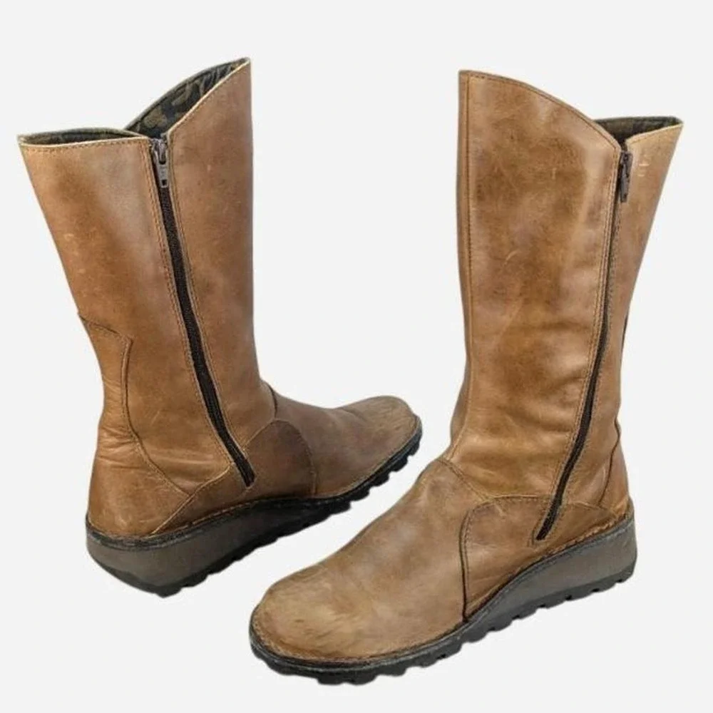 Fly London Mes 210315 Camel Leather Mid Calf Buckle Boot EU 41 / US 10-10.5
